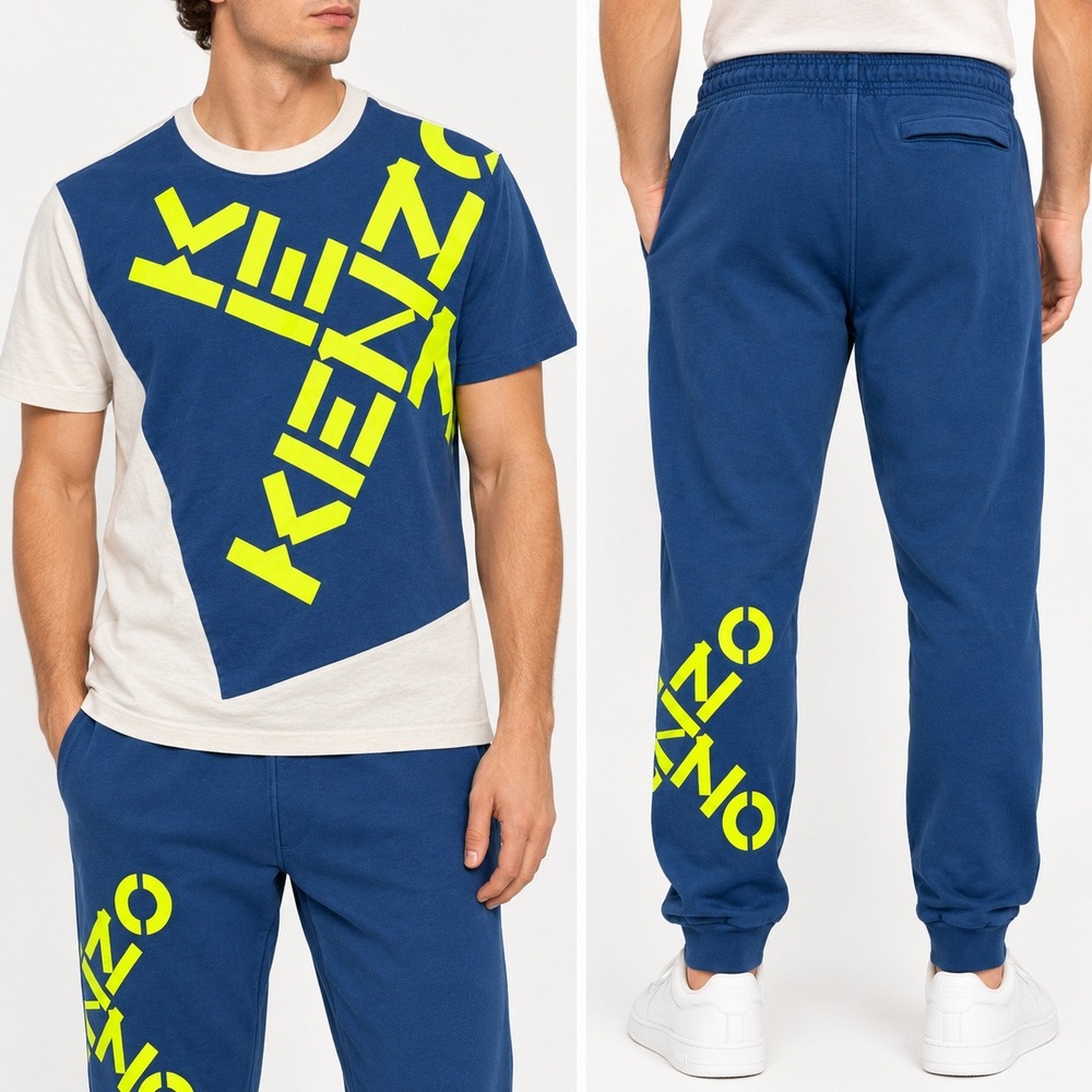 Kenzo Paris Mens T-Shirt and Joggers Set Navy Blue Neon Yellow Logo Streetwear